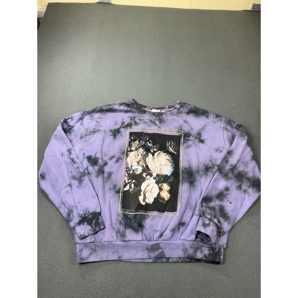 Mighty Fine Shirt Womens Medium Purple Tie Dye Floral Graphic Fleece‎ Pullover